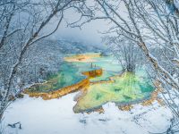Beautiful Nature Landscape Of Huang Long And Jiuzhaigou Park National Park With Amazing Snow In Sichuan , China